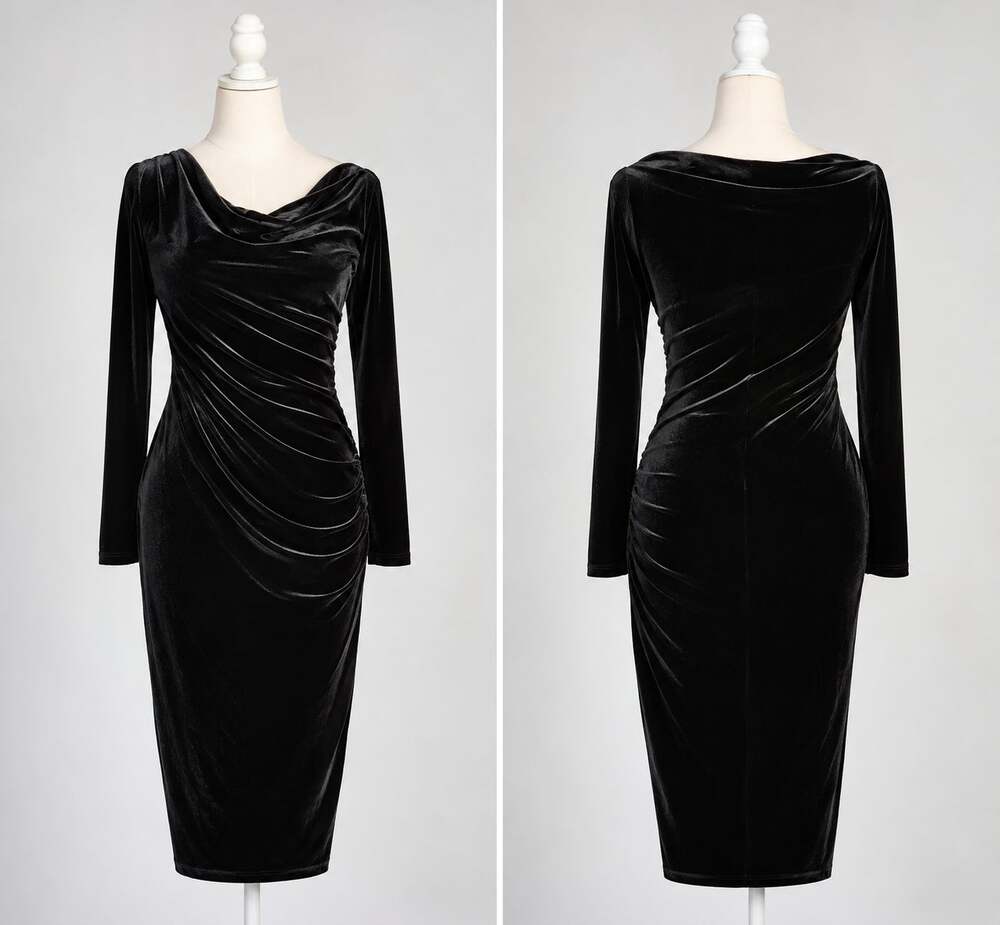 Lauren Ralph Lauren Cowl Neck Velvet Wiggle Dress Asymmetrical Rouching Size 10